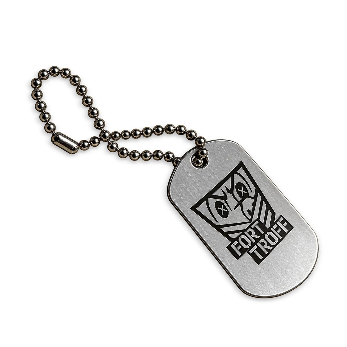 FT Gear Tag steel dog tag engraved with the Fort Troff shield on a silver ball chain, white background, Fort Troff