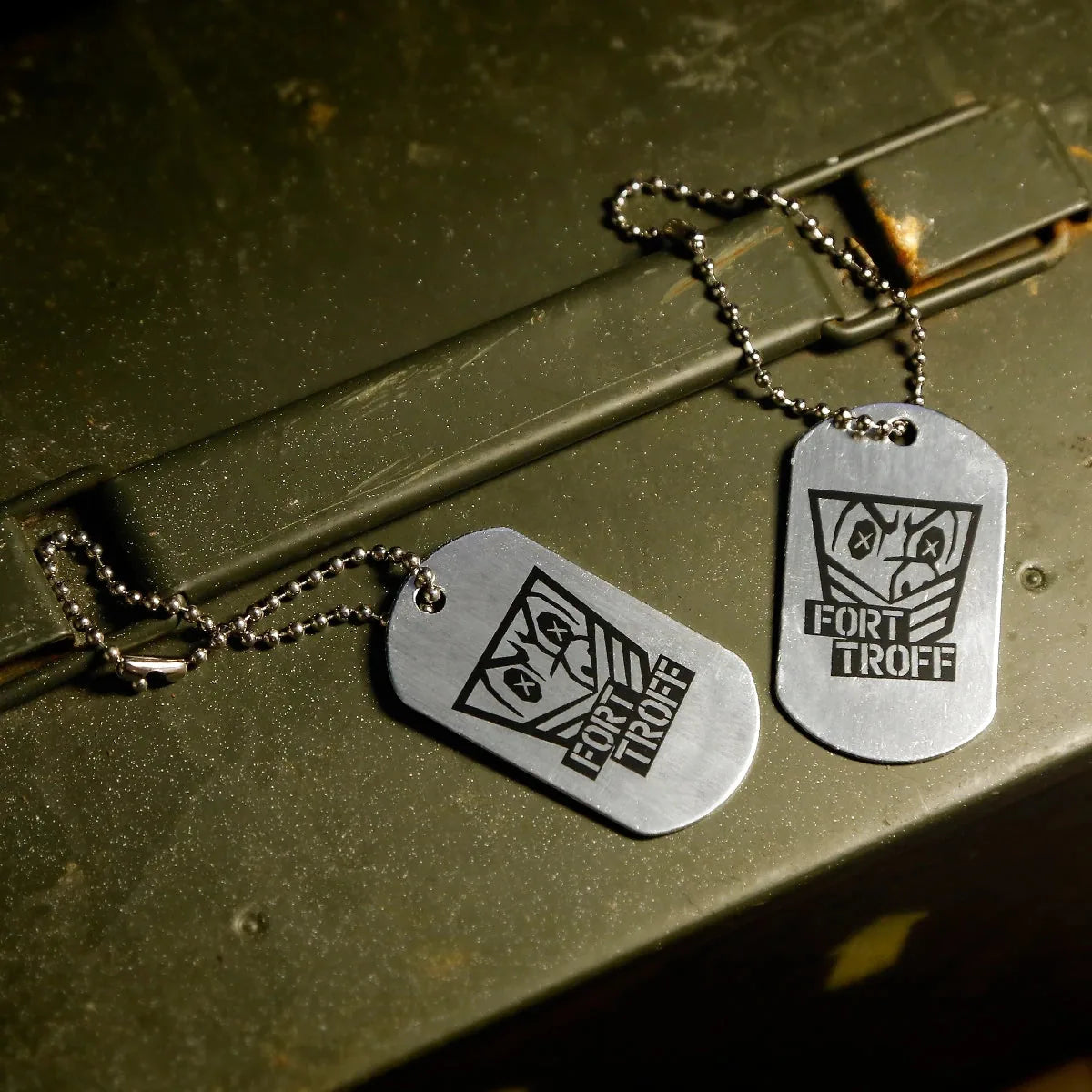 Fetish gear dog tag with chain for keys or pup collar. Fort Troff.