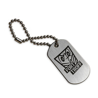 FT Gear Tag steel dog tag engraved with the Fort Troff shield on a silver ball chain, white background, Fort Troff