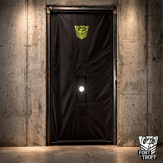 Doorway Glory Hole Kit locked into a concrete doorway with the opening at hip height, Fort Troff