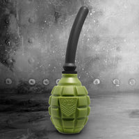 Grenade anal douche bulb in green with flexible black silicone nozzle, product shot, Fort Troff