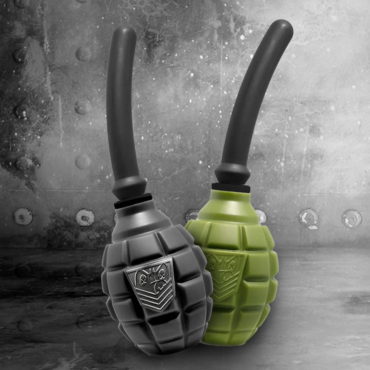 Grenade anal douche bulb in green and black, both colors side by side, Fort Troff