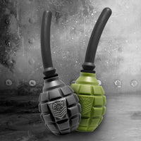 Grenade anal douche bulb in green and black, both colors side by side, Fort Troff