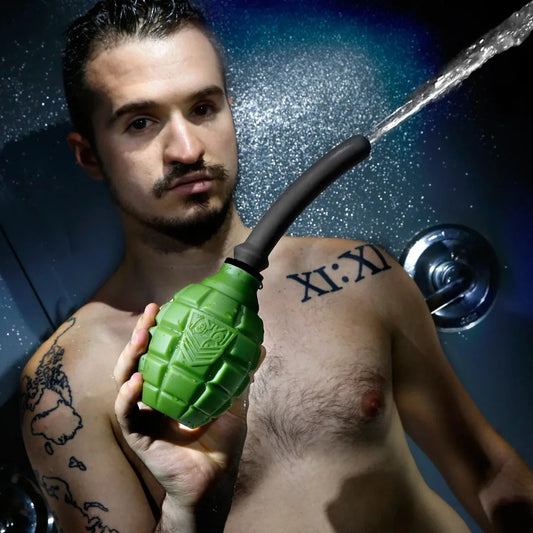 Grenade-style anal douche bulb in green. Fort Troff.