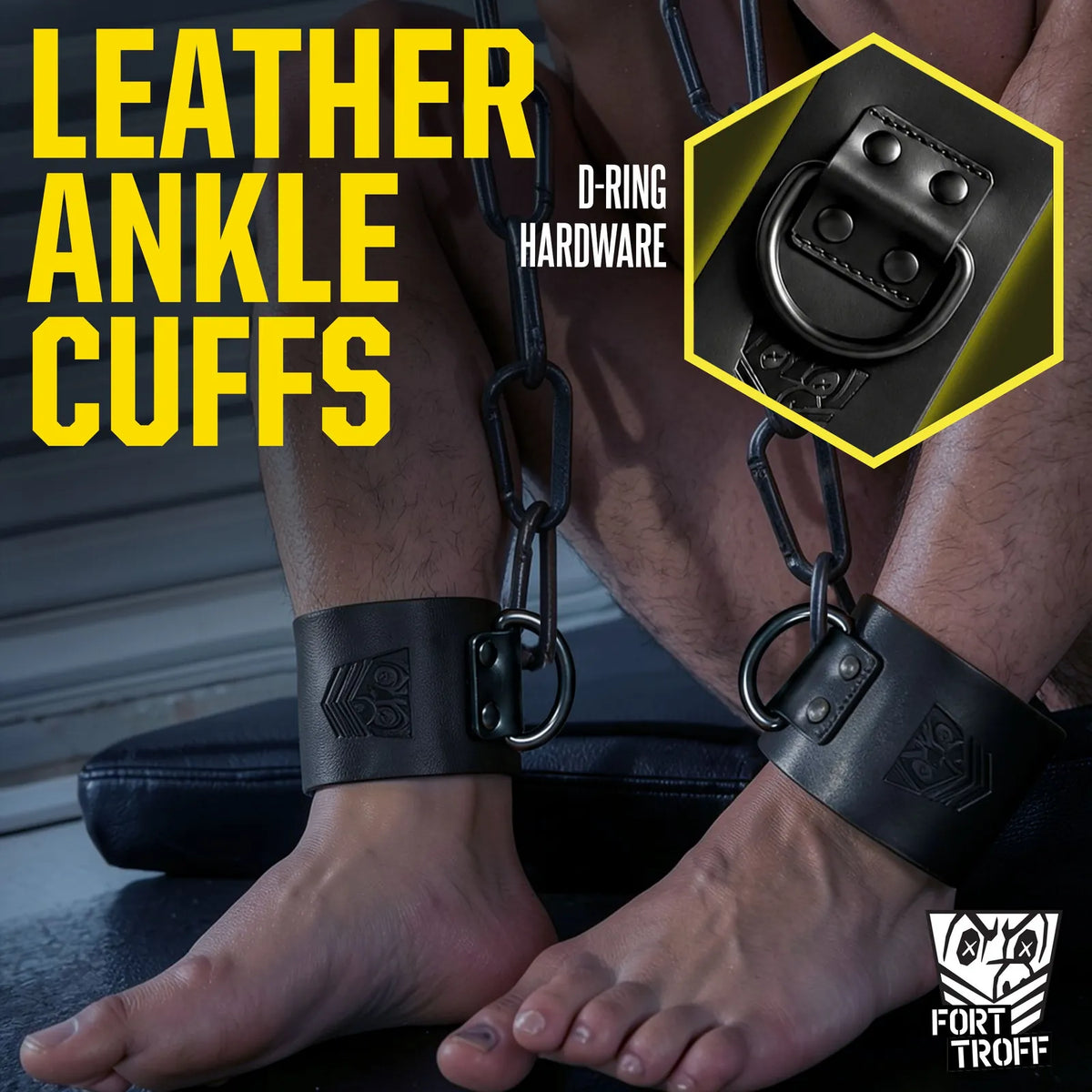 Leather Ankle Cuffs chained at the ankles with a D-ring hardware close-up inset, Fort Troff