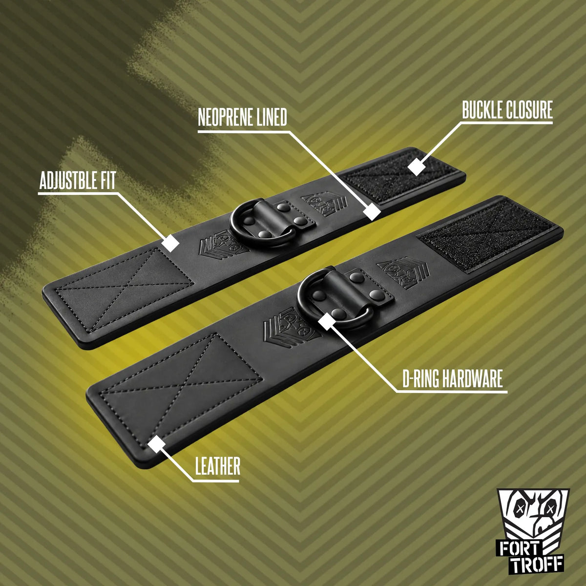 Leather Ankle Cuffs pair laid open with callouts for leather, neoprene lining, Velcro closure and D-rings, Fort Troff