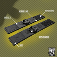 Leather Ankle Cuffs pair laid open with callouts for leather, neoprene lining, Velcro closure and D-rings, Fort Troff