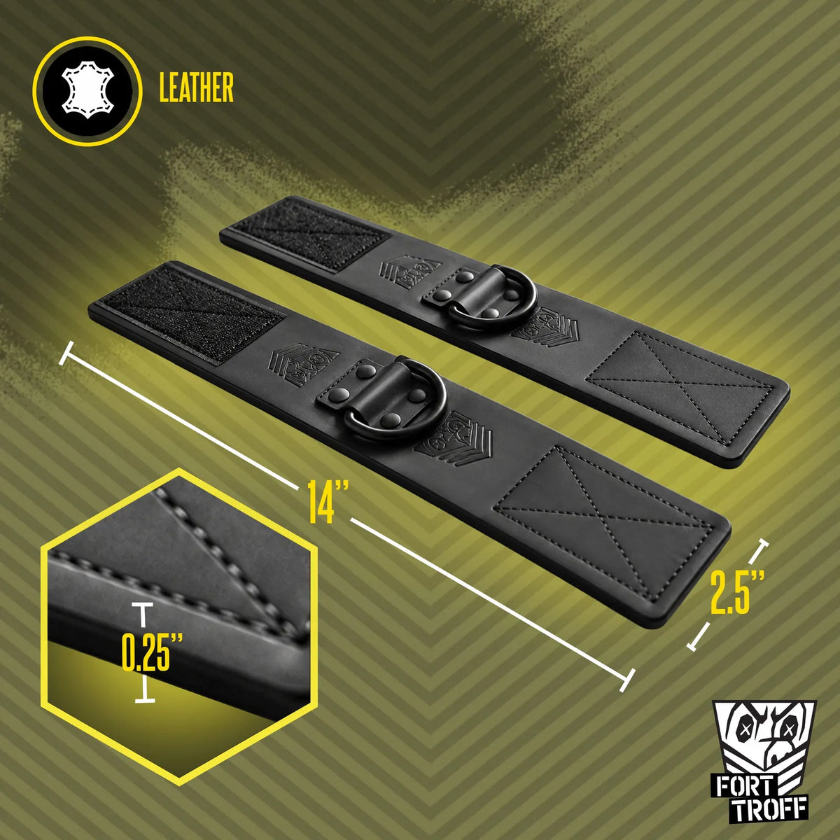 Leather Ankle Cuffs laid flat with 14 inch length, 2.5 inch width and 0.25 inch thickness marked, Fort Troff
