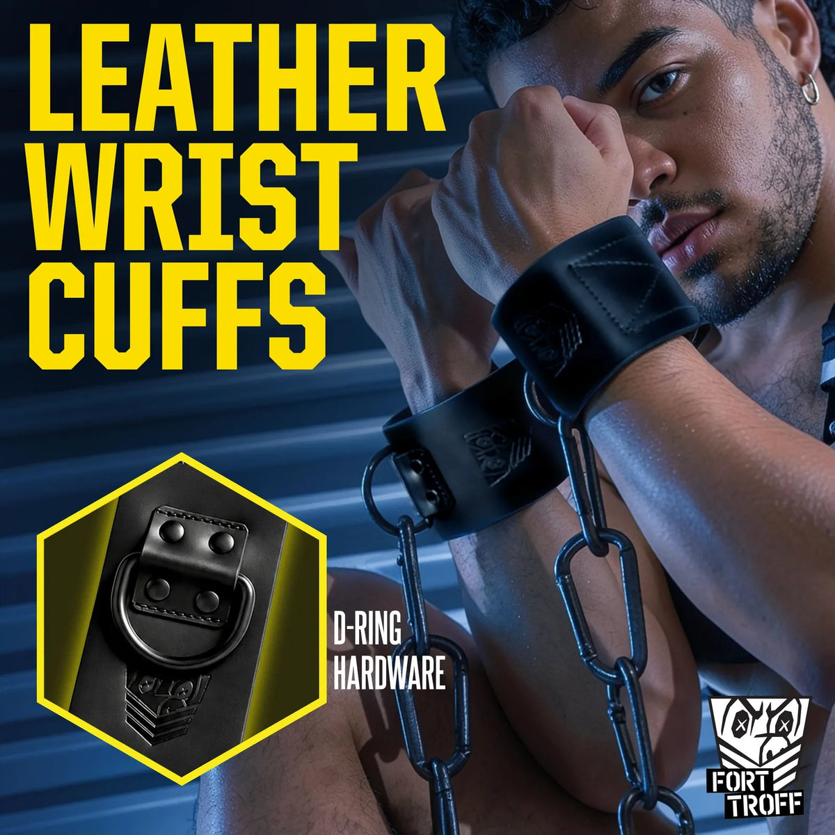 Model in Leather Wrist Cuffs chained at the wrists with a D-ring hardware close-up, Fort Troff