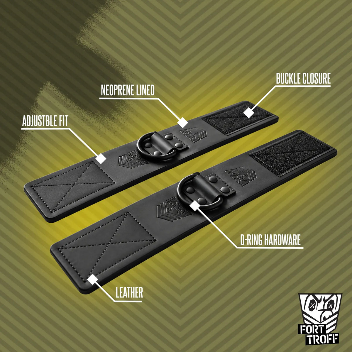 Leather Wrist Cuffs laid flat with neoprene lining, Velcro closure, adjustable fit and D-ring callouts, Fort Troff