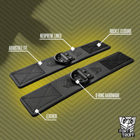 Leather Wrist Cuffs laid flat with neoprene lining, Velcro closure, adjustable fit and D-ring callouts, Fort Troff