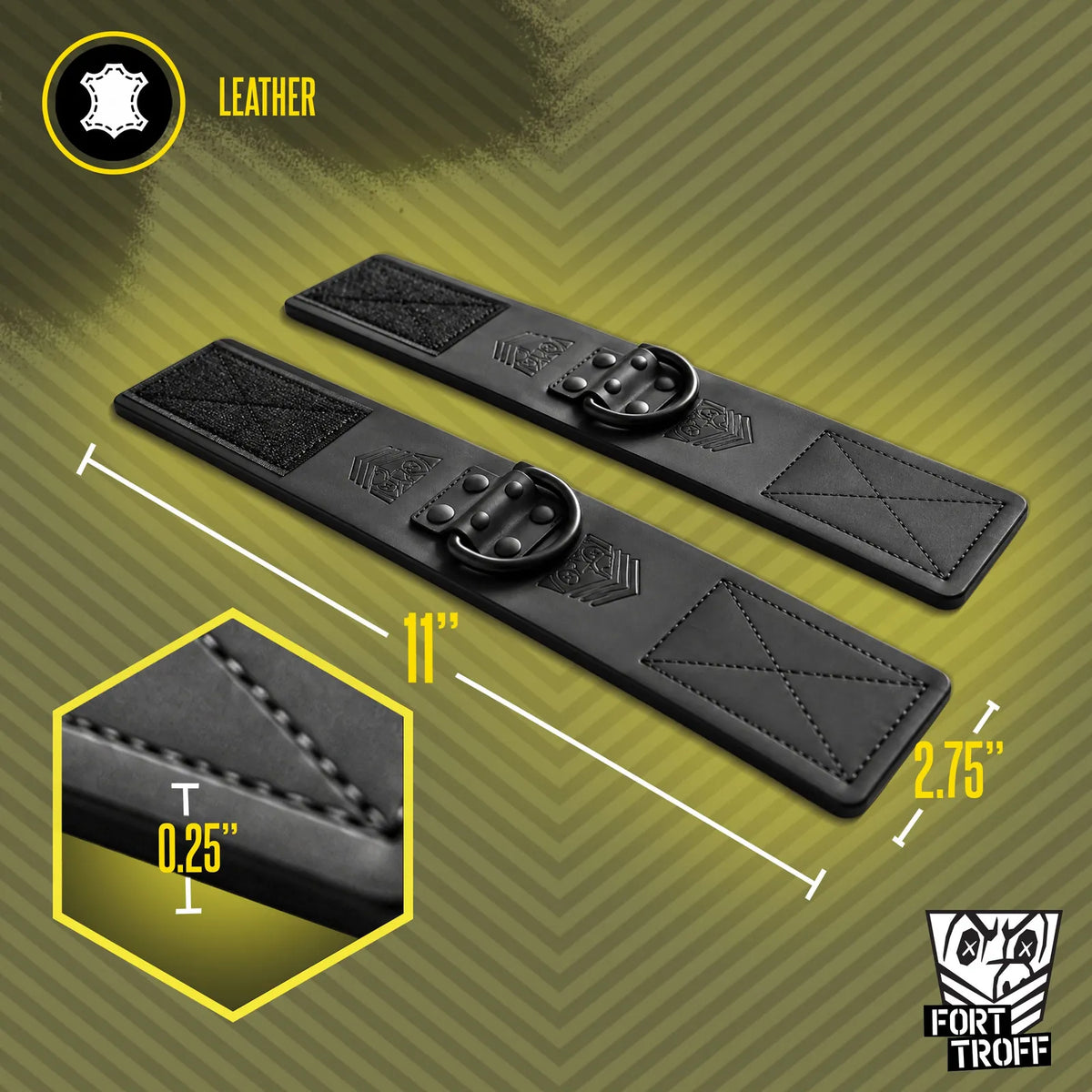 Leather Wrist Cuffs pair with 11 inch length, 2.75 inch width and 0.25 inch thickness callouts, Fort Troff