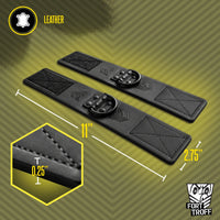 Leather Wrist Cuffs pair with 11 inch length, 2.75 inch width and 0.25 inch thickness callouts, Fort Troff