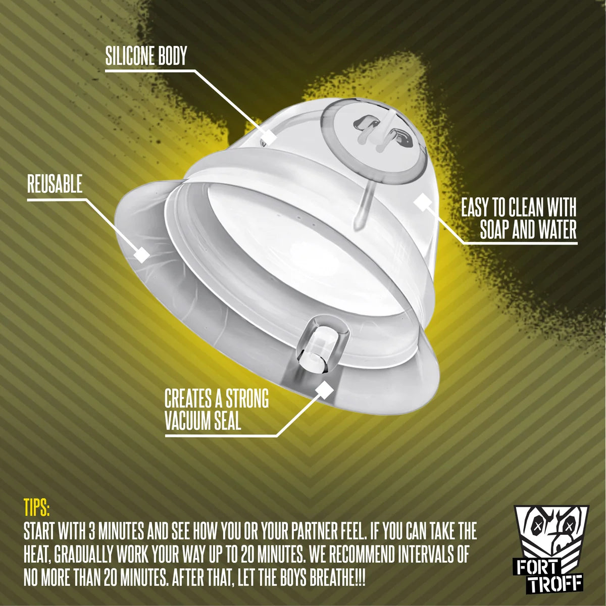 Silicone Nip Sucker callout diagram: silicone body, reusable, strong vacuum seal, easy to clean, Fort Troff