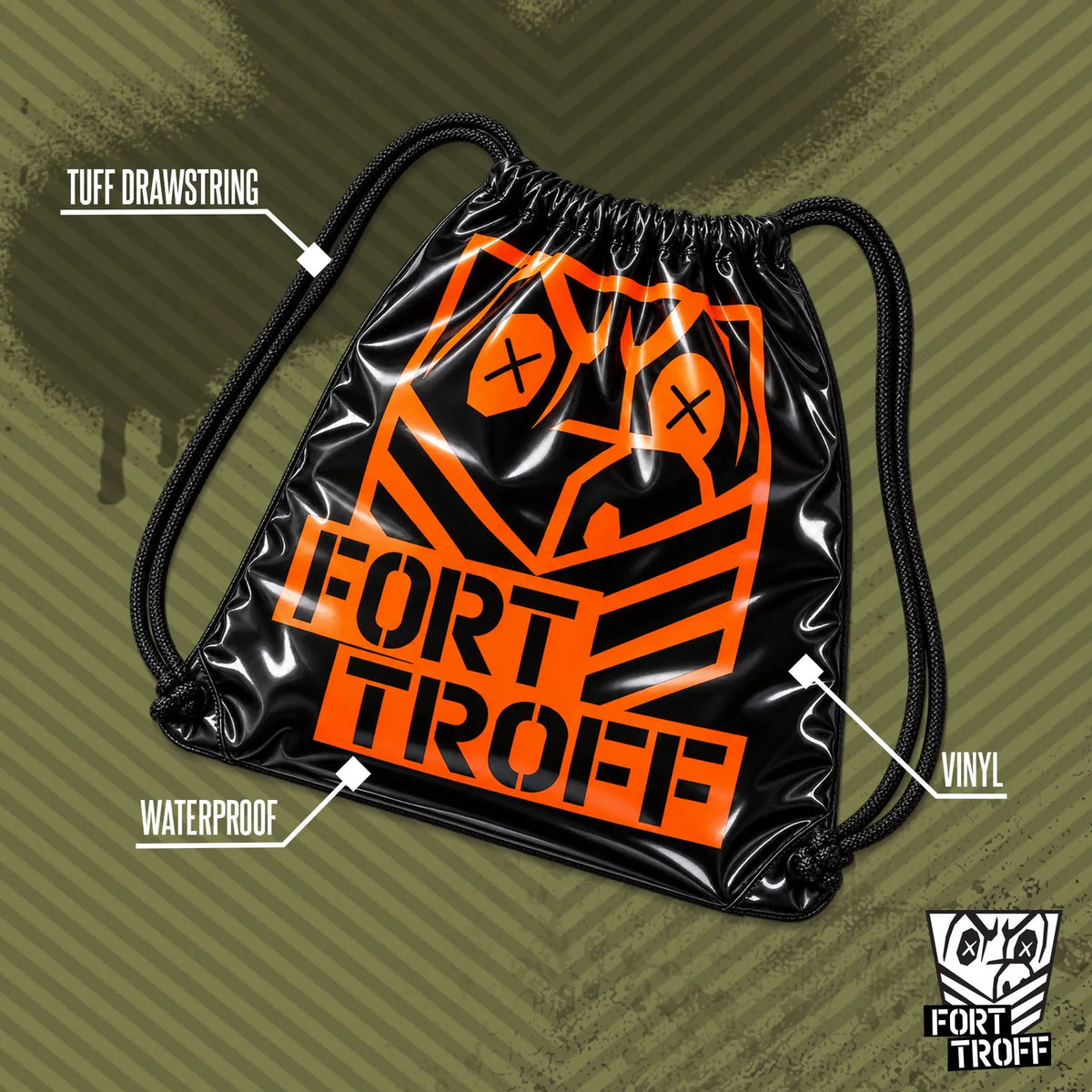 Fuck N Go Toy Bag in glossy black vinyl with orange logo, callouts for tuff drawstring, waterproof and vinyl, Fort Troff