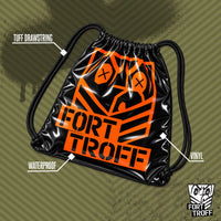Fuck N Go Toy Bag in glossy black vinyl with orange logo, callouts for tuff drawstring, waterproof and vinyl, Fort Troff