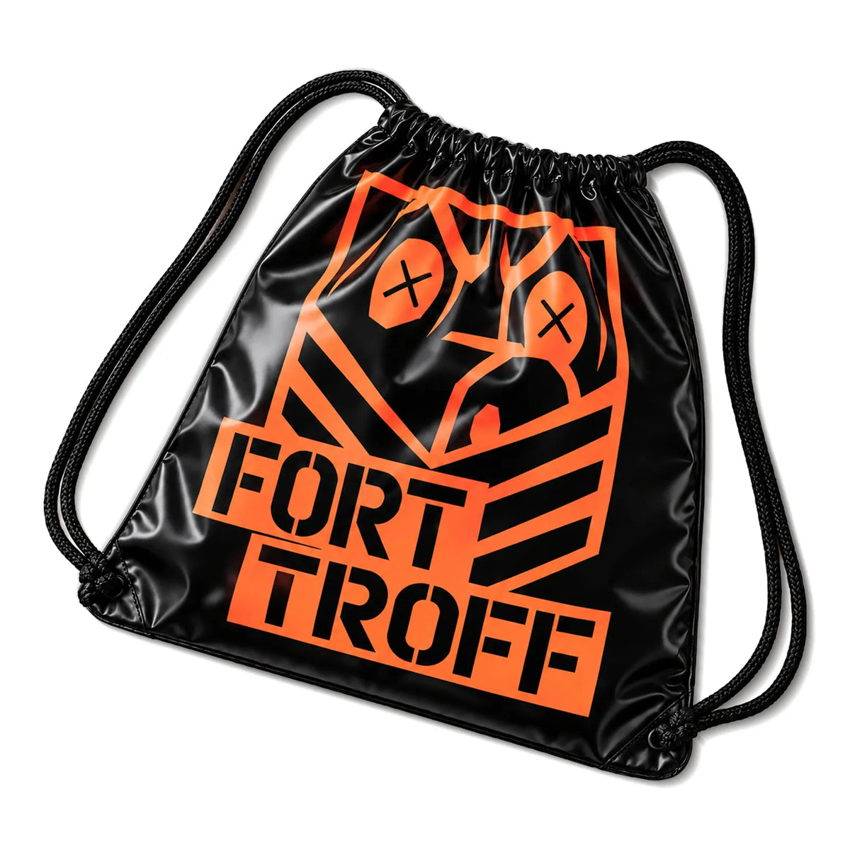 Fuck N Go Toy Bag product shot, black vinyl drawstring bag with large orange logo on white, Fort Troff