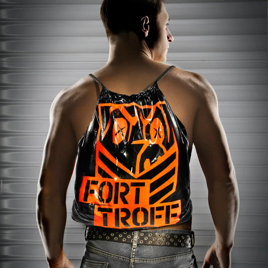 Fuck N Go waterproof drawstring toy bag worn on a model's back, Fort Troff