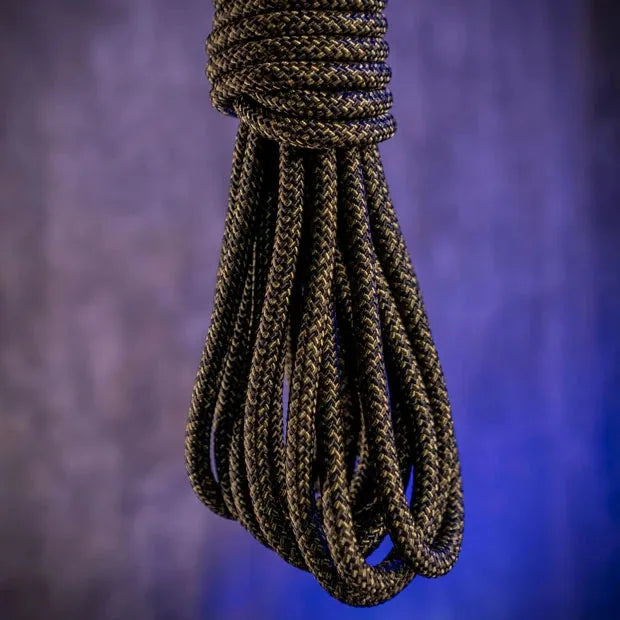 Grunt Rope 30 ft bondage rope hanging in a loose coil, Fort Troff