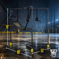 Hammock Hangar Mesh Sex Sling with height and footprint dimension callouts, Fort Troff