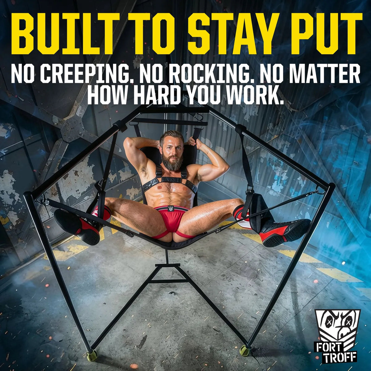 Hammock Hangar Mesh Sex Sling with a harnessed model in the sling under the headline Built To Stay Put, Fort Troff