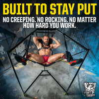 Hammock Hangar Mesh Sex Sling with a harnessed model in the sling under the headline Built To Stay Put, Fort Troff
