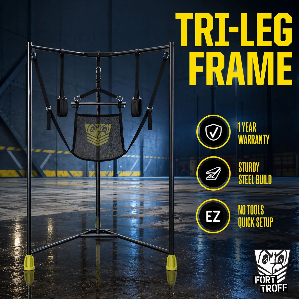 Hammock Hangar Mesh Sex Sling tri-leg frame front view with steel build and no-tools setup callouts, Fort Troff