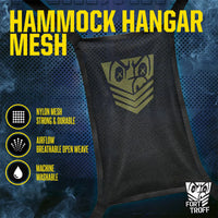 Hammock Hangar mesh sling close-up with olive shield logo and breathable, machine washable nylon mesh callouts, Fort Troff