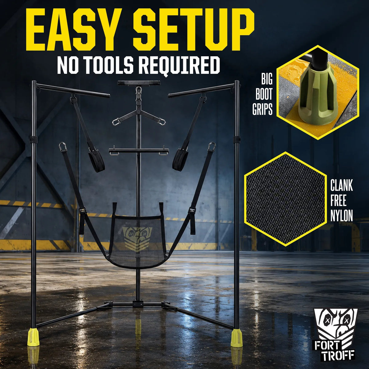 Hammock Hangar Mesh Sex Sling setup graphic with insets of the big boot grip foot and clank-free nylon strap, Fort Troff