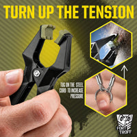 Hardwire Hangers Turn Up The Tension graphic, clamp opened in hand with insets of the steel cord and center ring, Fort Troff