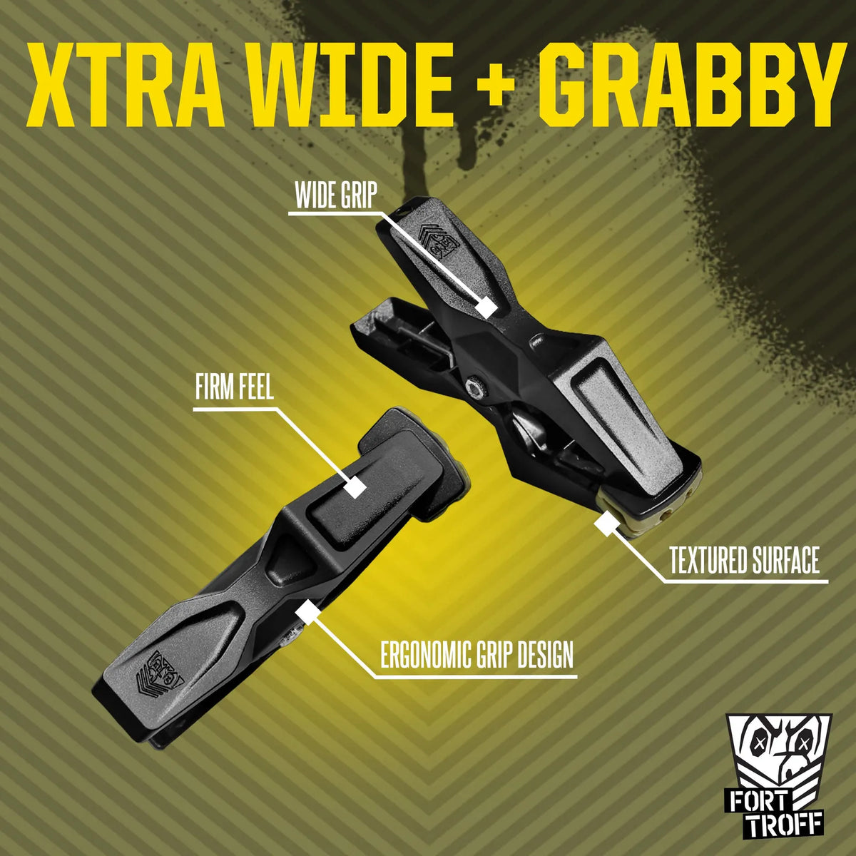 Hardwire Hangers Xtra Wide + Grabby callout of the wide grip, textured surface and ergonomic handles, Fort Troff