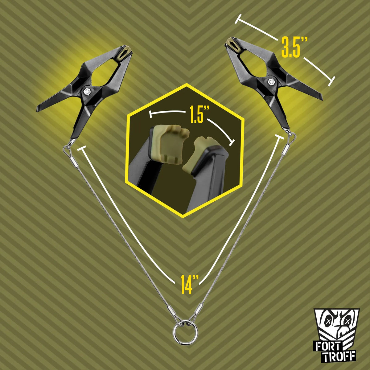 Hardwire Hangers dimension graphic, pair of clamps joined by the 14 inch steel cord and center ring, Fort Troff