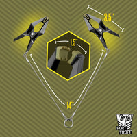 Hardwire Hangers dimension graphic, pair of clamps joined by the 14 inch steel cord and center ring, Fort Troff