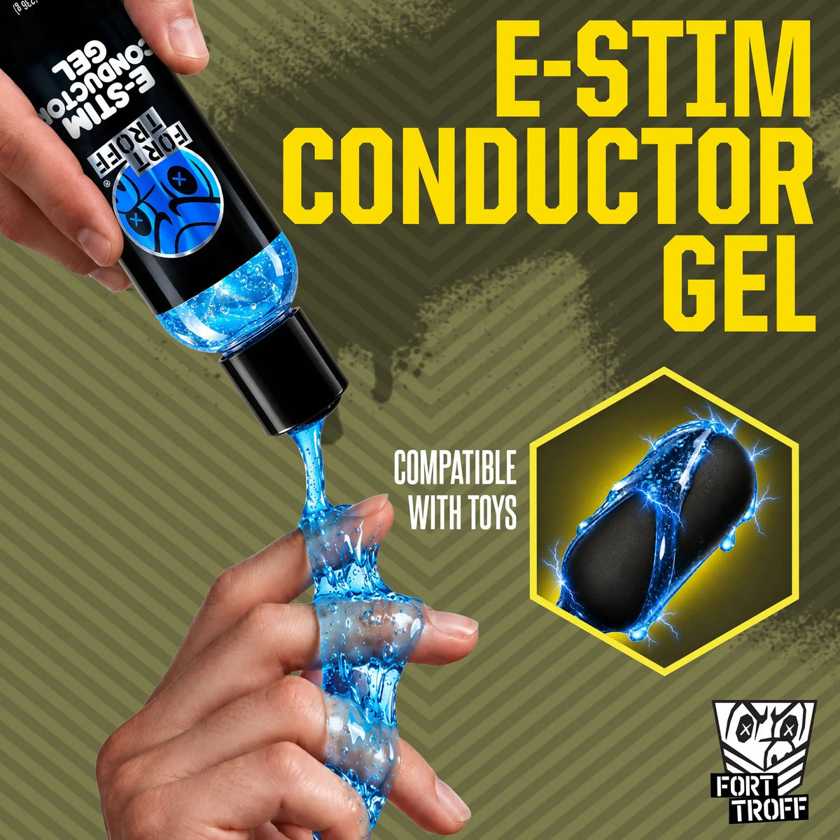 E-Stim Conductor Gel poured over fingers beside an e-stim toy with a compatible with toys callout, Fort Troff