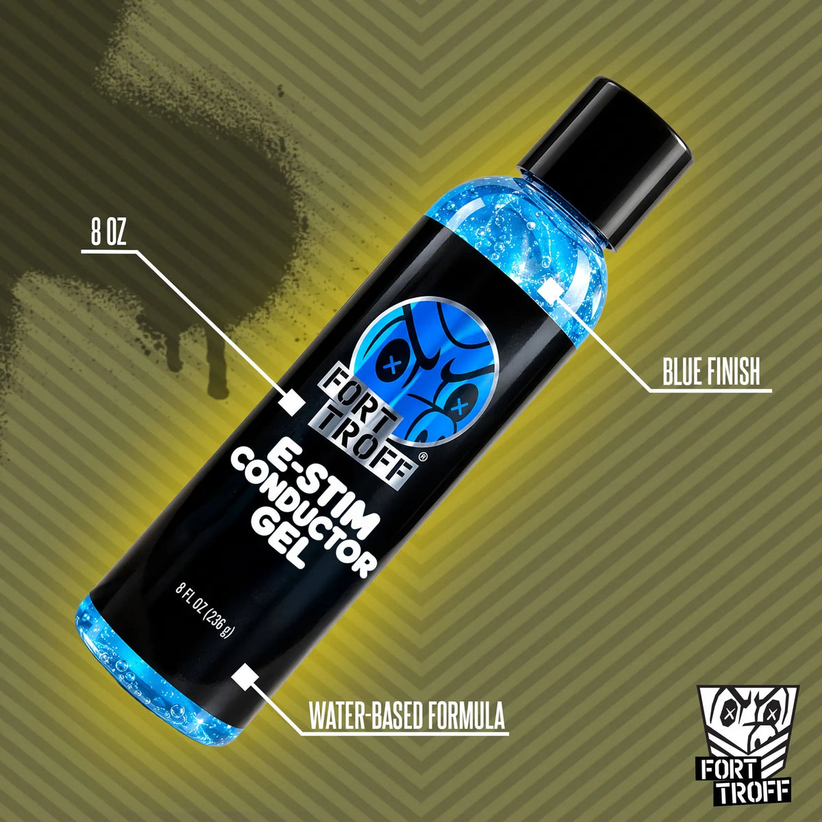 E-Stim Conductor Gel bottle with 8 oz, blue finish and water-based formula callouts, Fort Troff