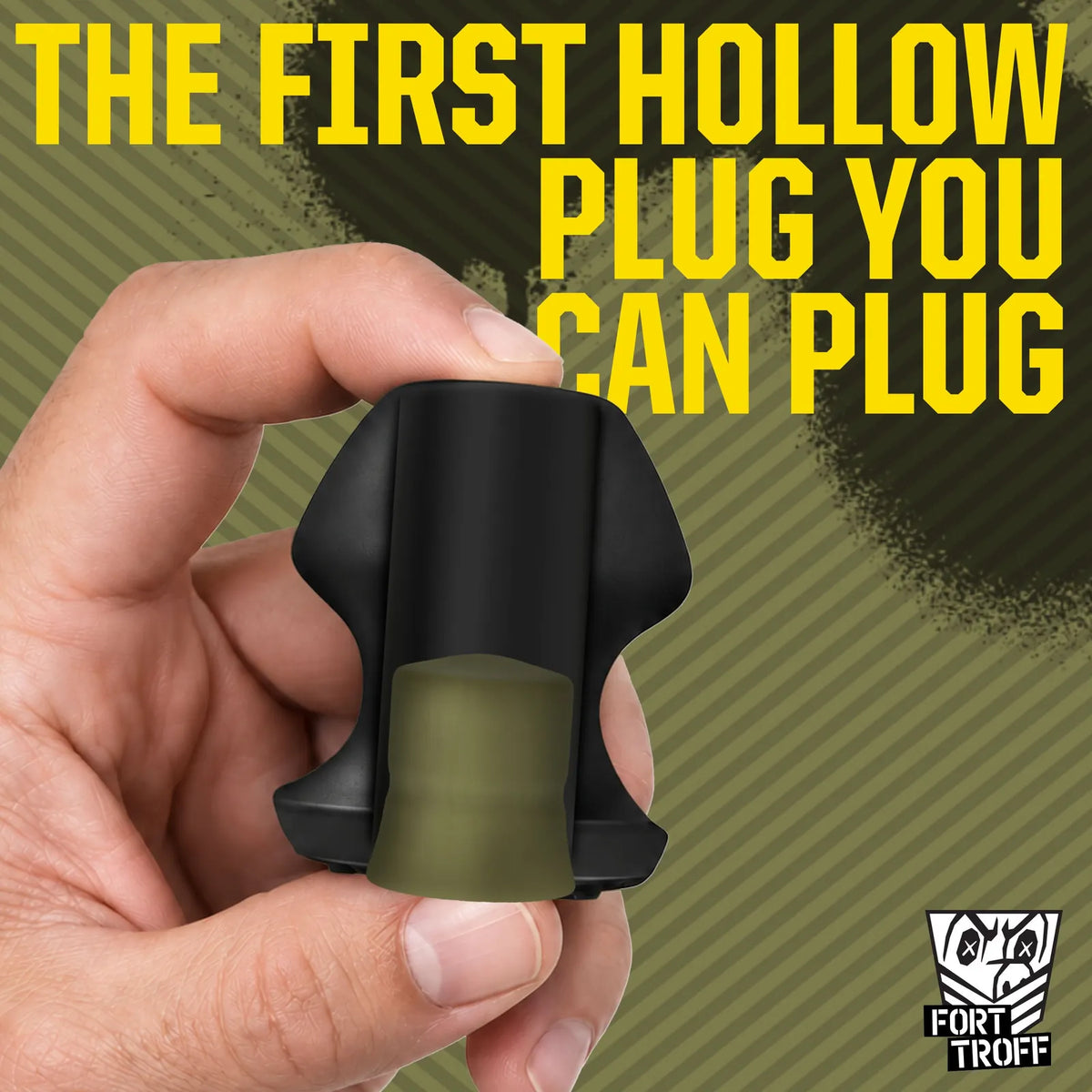 Hand holding a cutaway Kum Keeper with the olive cork inside, text reads The First Hollow Plug You Can Plug, Fort Troff