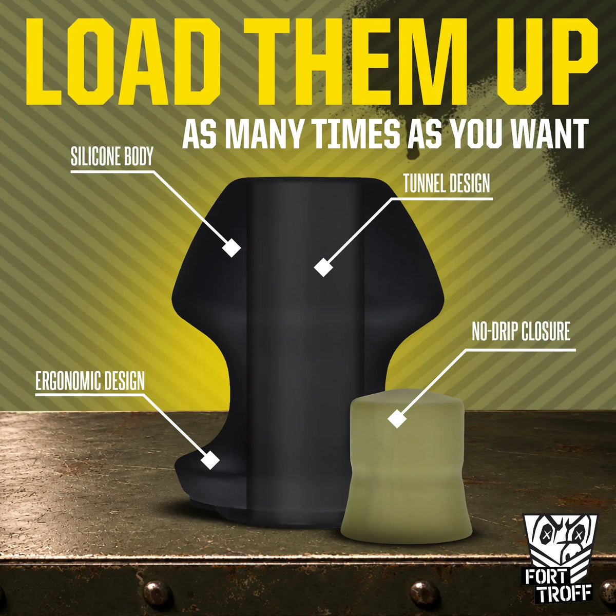 Kum Keeper cutaway diagram with silicone body, tunnel design, ergonomic design and no-drip closure callouts, Fort Troff