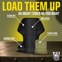 Kum Keeper cutaway diagram with silicone body, tunnel design, ergonomic design and no-drip closure callouts, Fort Troff