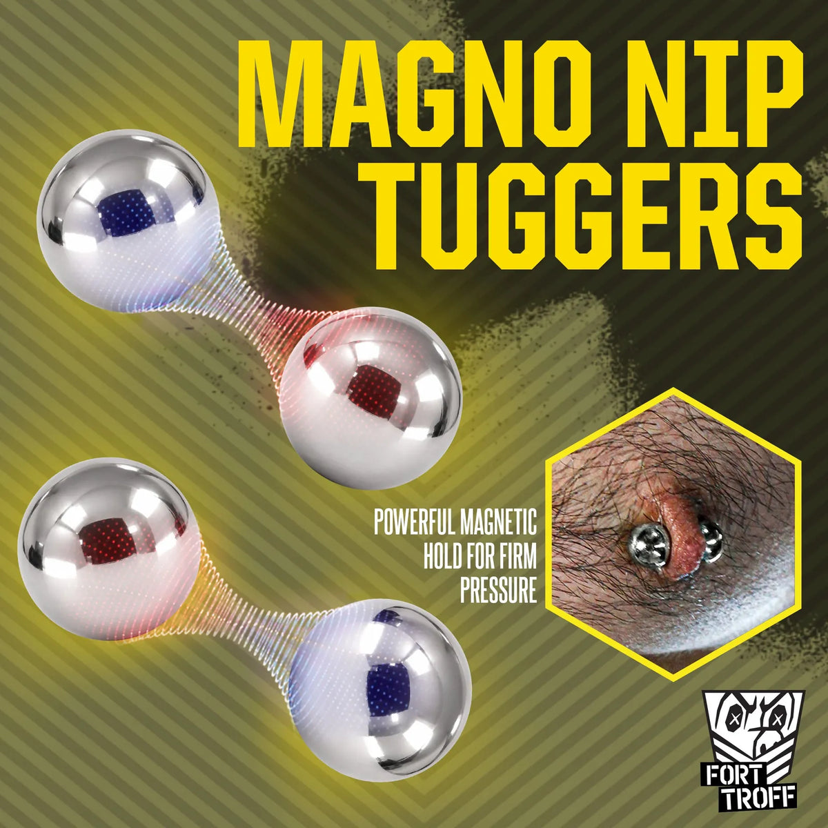 Magno Nip Tuggers 2 pairs of chrome magnetic balls with inset close-up gripping a hairy nipple, Fort Troff