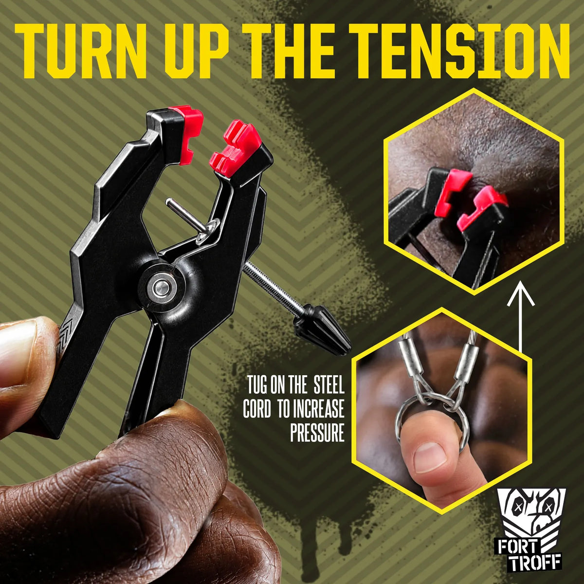 MegaGrip Jumper clamp in hand showing red grip pads and adjustment screw, tug the steel cord to increase pressure, Fort Troff