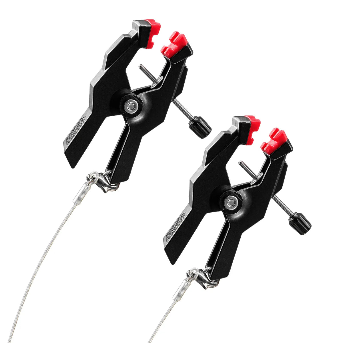 MegaGrip Jumper adjustable nipple clamps pair with red pads and steel cord on a white background, Fort Troff