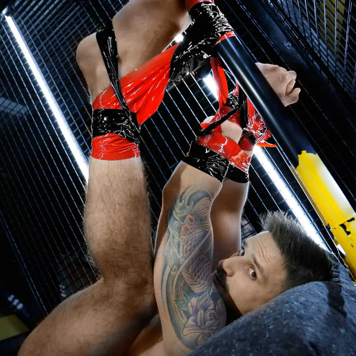Mega-Roll bondage tape wrapped around cock and balls and legs, close-up, Fort Troff