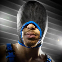 Perforated bondage hood in blue, breathable full-head design. Fort Troff.