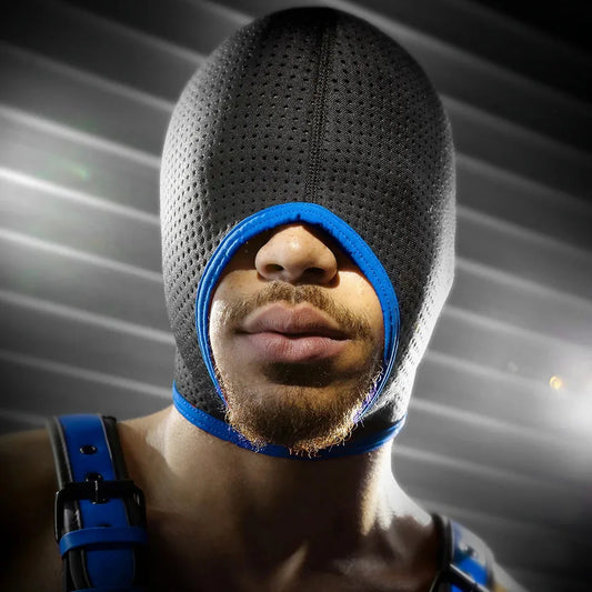 Perforated bondage hood in blue, breathable full-head design. Fort Troff.