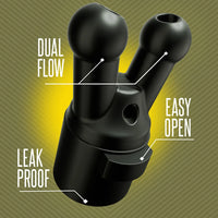 Pig Snout X callouts showing dual flow, easy open button and leak proof seal. Fort Troff.