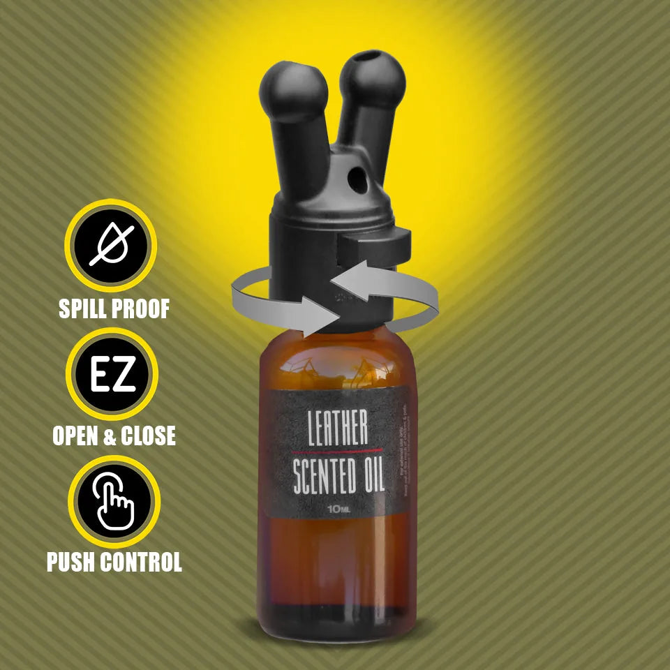 Pig Snout X incense inhaler on a leather scented oil bottle with spill proof, EZ open and push control callouts, Fort Troff