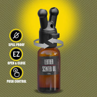 Pig Snout X incense inhaler on a leather scented oil bottle with spill proof, EZ open and push control callouts, Fort Troff