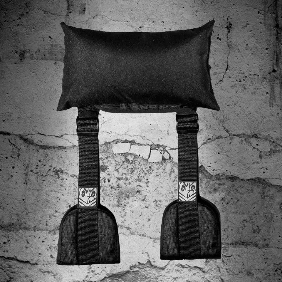 Porta Plow portable sling straps product shot with padded neck pillow and two nylon leg stirrups, Fort Troff