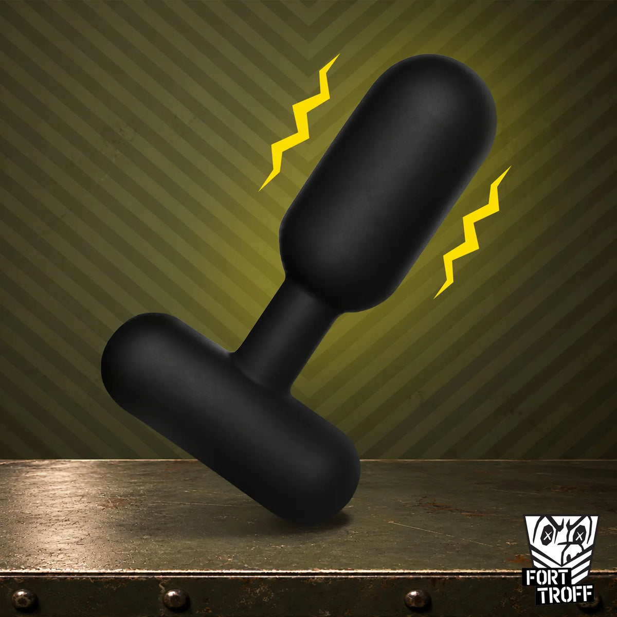 Powershift 300 Vibrating Prostate Massager, black silicone plug with T-bone base and yellow vibration bolts on an olive striped background, Fort Troff