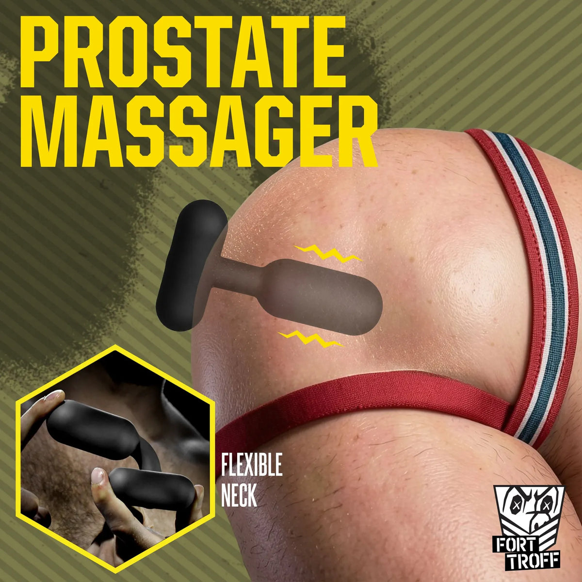 Powershift 300 Vibrating Prostate Massager shown against a model's ass in a red jockstrap, with an inset of hands bending the flexible neck, Fort Troff